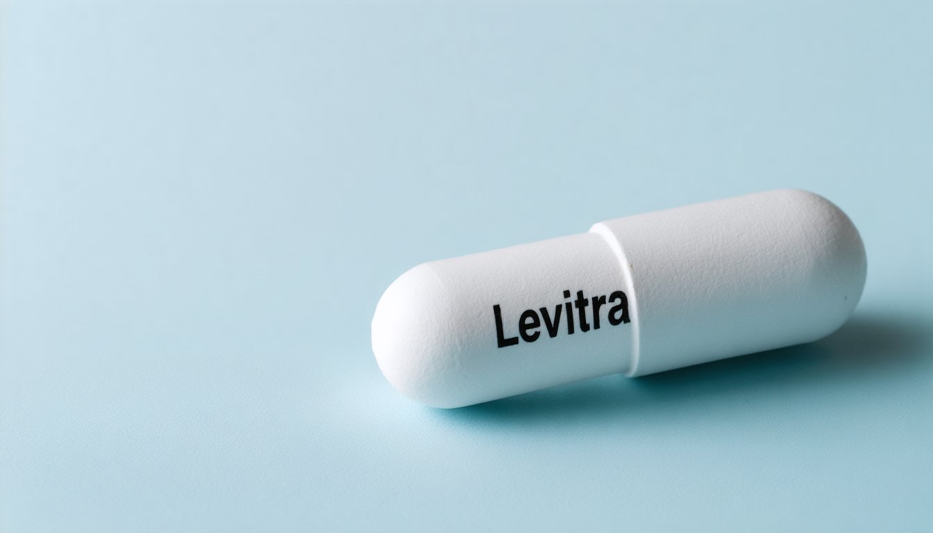 Levitra (vardenafil) tablets with a glass of water on a bedside table, symbolizing treatment for erectile dysfunction